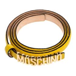 Pre Owned Moschino Yellow Textured Leather Logo Slim Waist Belt 95CM