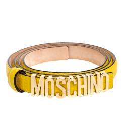 Pre Owned Moschino Yellow Textured Leather Logo Slim Waist Belt 95CM