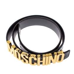 Pre Owned Moschino Black Leather Redwall Logo Waist Belt 80CM