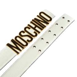 Pre Owned Moschino White Grained Leather Classic Logo Belt 85CM