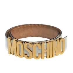 Pre Owned Moschino White Grained Leather Classic Logo Belt 85CM