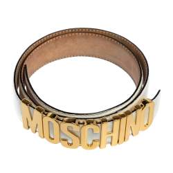 Pre Owned Moschino White Grained Leather Classic Logo Belt 85CM