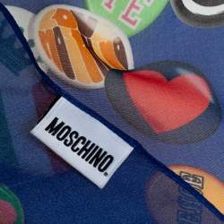 Pre Owned Moschino Blue Badge Print Sheer Silk Stole