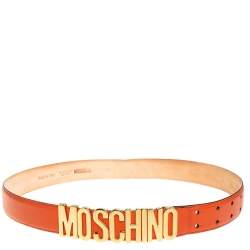 Pre Owned Moschino Orange Grained Leather Classic Logo Belt 95 CM