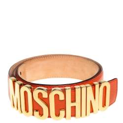Pre Owned Moschino Orange Grained Leather Classic Logo Belt 95 CM