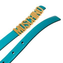 Pre Owned Moschino Blue Leather Logo Slim Belt 100 CM