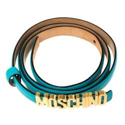 Pre Owned Moschino Blue Leather Logo Slim Belt 100 CM