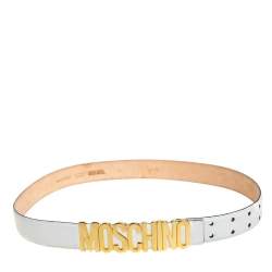 Pre Owned Moschino White Grained Leather Classic Logo Belt 95CM