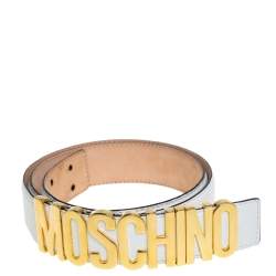 Pre Owned Moschino White Grained Leather Classic Logo Belt 95CM