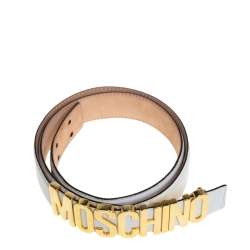 Pre Owned Moschino White Grained Leather Classic Logo Belt 95CM