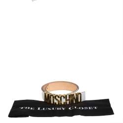 Pre Owned Moschino White Grained Leather Classic Logo Belt 95CM