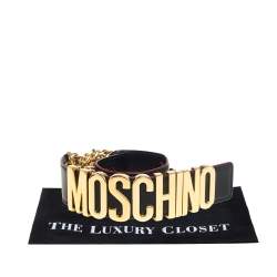 Pre Owned Moschino Black Leather 30th Anniversary Chain Belt 90CM