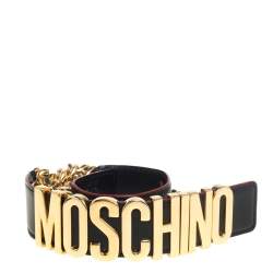 Pre Owned Moschino Black Leather 30th Anniversary Chain Belt 90CM