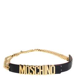 Pre Owned Moschino Black Leather 30th Anniversary Chain Belt 90CM