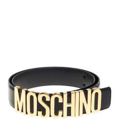 Pre Owned Moschino Black Glossy Leather Classic Logo Belt 85CM