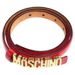 Pre Owned Moschino Red Leather Classic Logo Slim Belt 105 CM