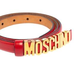 Pre Owned Moschino Red Leather Classic Logo Slim Belt 105 CM