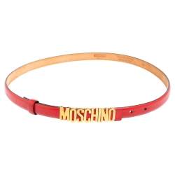 Pre Owned Moschino Red Leather Classic Logo Slim Belt 105 CM