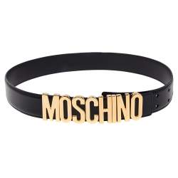 Pre Owned Moschino Black Glossy Leather Classic Logo Belt 85 CM