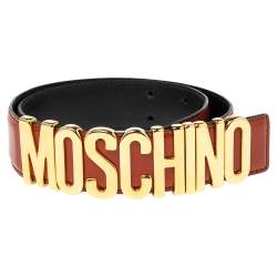 Pre Owned Moschino Mahogany Brown Glossy Leather Classic Logo Belt 75CM
