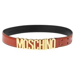 Pre Owned Moschino Mahogany Brown Glossy Leather Classic Logo Belt 75CM
