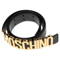 Pre Owned Moschino Black Leather Logo Metal Cut to Size Belt