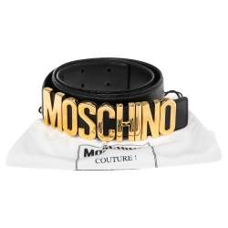 Pre Owned Moschino Black Leather Logo Metal Cut to Size Belt