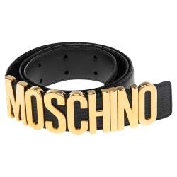 Pre Owned Moschino Black Leather Logo Metal Cut to Size Belt