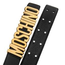 Pre Owned Moschino Black Leather Logo Metal Cut to Size Belt