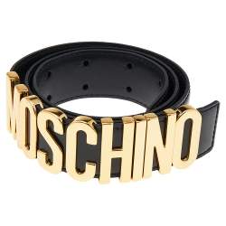 Pre Owned Moschino Black Glossy Leather Classic Logo Belt 85CM