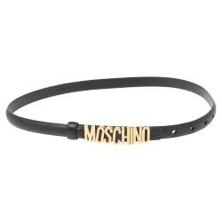 Pre Owned Moschino Black Leather Logo Slim Waist Belt 75CM