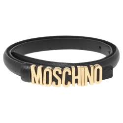 Pre Owned Moschino Black Leather Logo Slim Waist Belt 75CM