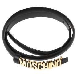 Pre Owned Moschino Black Leather Logo Slim Waist Belt 75CM