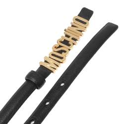 Pre Owned Moschino Black Leather Logo Slim Waist Belt 75CM