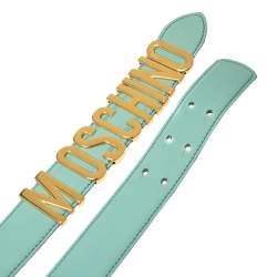 Pre Owned Moschino Celeste Patent Leather Logo Belt