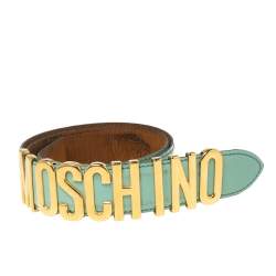 Pre Owned Moschino Celeste Patent Leather Logo Belt