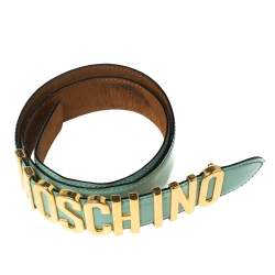 Pre Owned Moschino Celeste Patent Leather Logo Belt