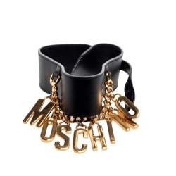 Pre Owned Moschino Black Leather Logo Charm Waist Belt