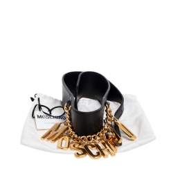 Pre Owned Moschino Black Leather Logo Charm Waist Belt
