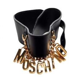 Pre Owned Moschino Black Leather Logo Charm Waist Belt
