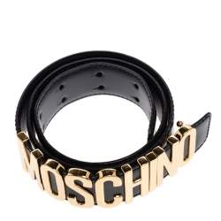 Pre Owned Moschino Black Leather Logo Belt