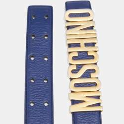 Pre Owned Moschino Navy Blue Leather Classic Logo Belt 90CM