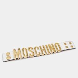 Pre Owned Moschino Logo Plaque White Leather Cuff Bracelet