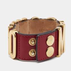 Pre Owned Moschino Logo Plaque Red Leather Gold Tone Metal Cuff Bracelet
