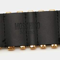Pre Owned Moschino Black Logo Plaque Leather Wrap Bracelet