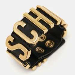 Pre Owned Moschino Black Logo Plaque Leather Wrap Bracelet