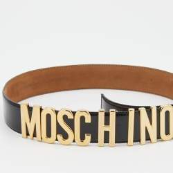 Pre Owned Moschino Black Leather Logo Plaque Belt