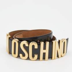 Pre Owned Moschino Black Leather Logo Plaque Belt