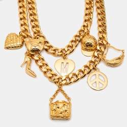 Pre Owned Moschino Couture Gold Tone Multi Charms Double Layer Necklace