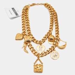 Pre Owned Moschino Couture Gold Tone Multi Charms Double Layer Necklace